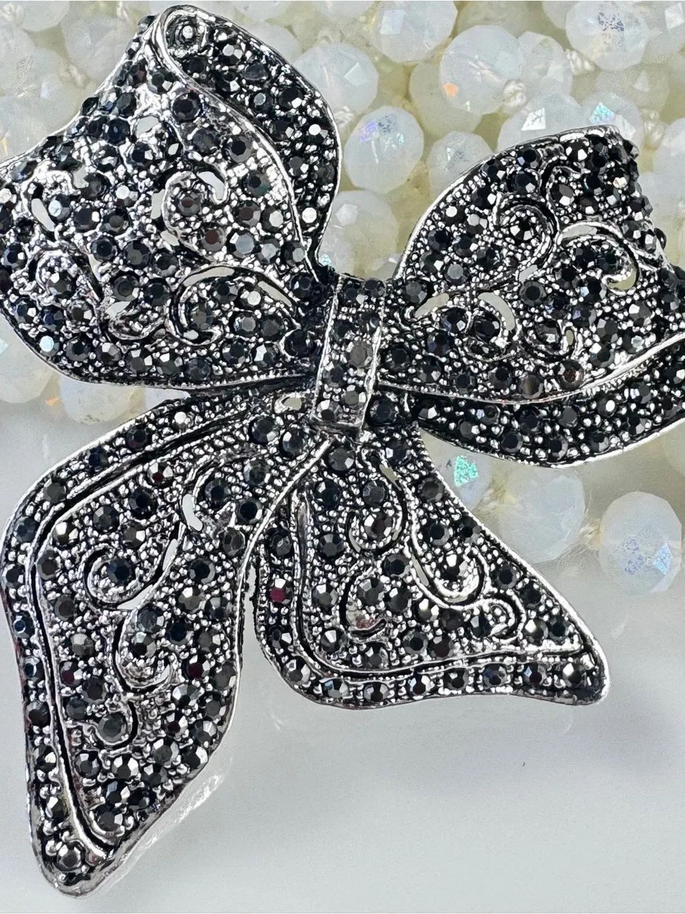 Vintage Black Crystal Bow Brooch - Silver Accents